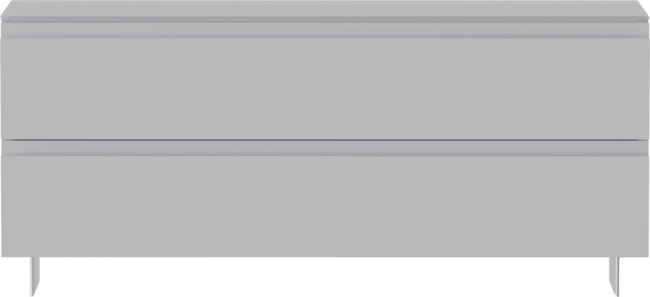 Frontale Ansicht einer modernen, grauen Garderobenbank mit zwei Schubladen.