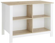 Kücheninsel mit weißem Korpus und naturbelassener Holzoberfläche, vier offene Regalfächer, Perspektive von vorne links