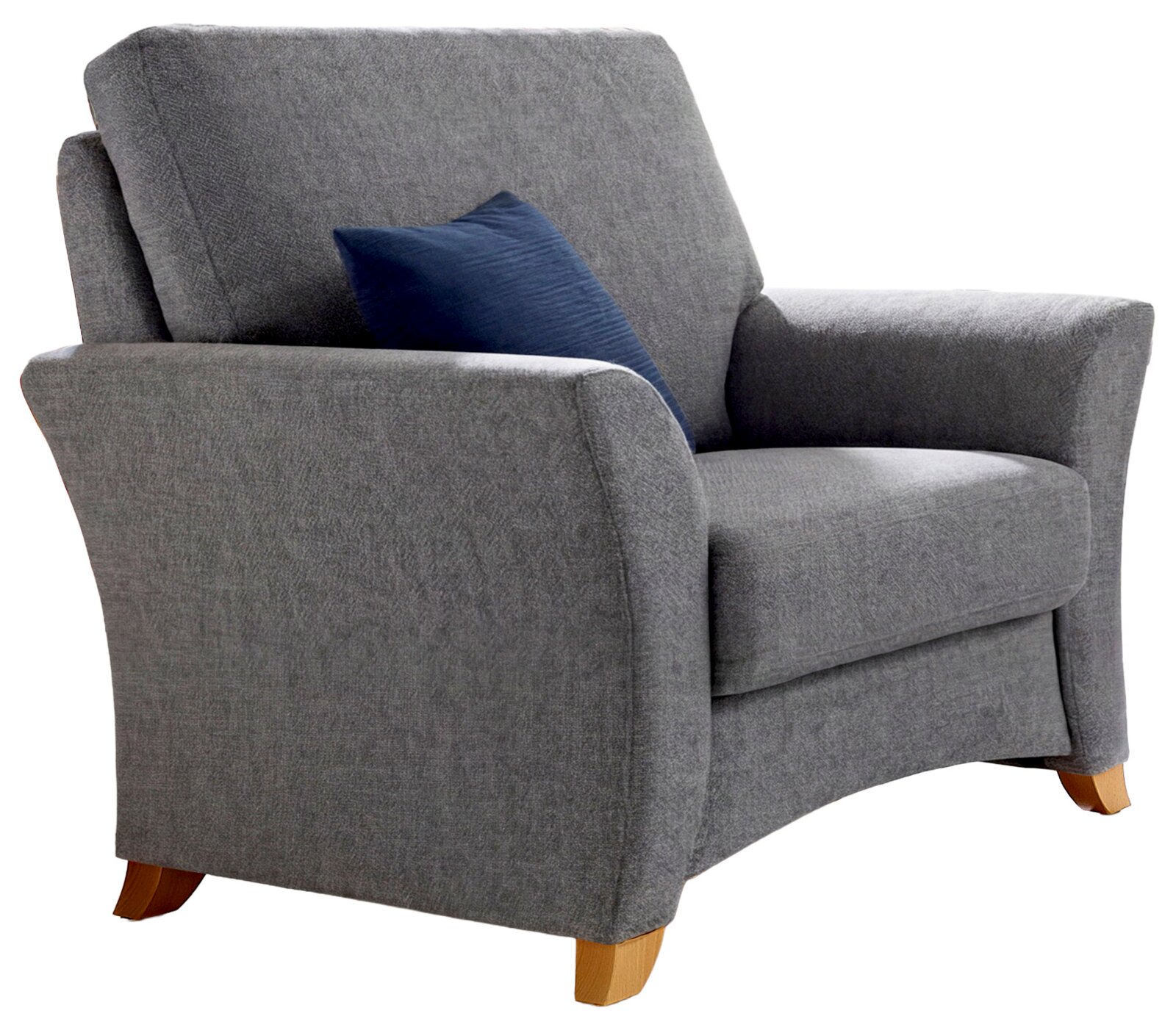 Zurbrüggen Sessel SYLANIA Grauer Polstersessel mit breiten Armlehnen, Holzfüßen und dunkelblauem Kissen, schräg von vorne links fotografiert