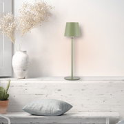 Grüne Akku-Tischleuchte BOTERIA auf einem weißen Regal, seitliche Perspektive, neben einer weißen Vase mit Trockenblumen.
