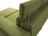 Rückansicht eines grünen Ecksofas mit verstellbaren Kopfstützen und Metallhalterungen.