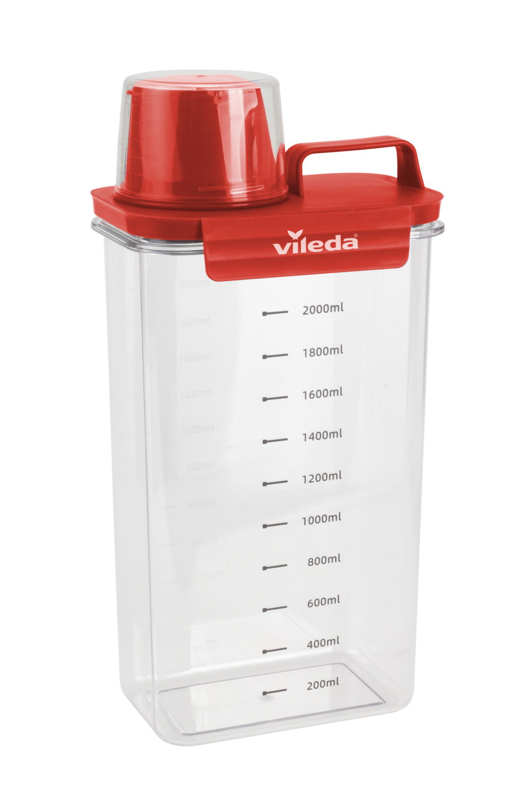 Vileda Waschmittelbox Große rote Waschmittelbox mit Messskala und rotem Deckel, seitliche Perspektive
