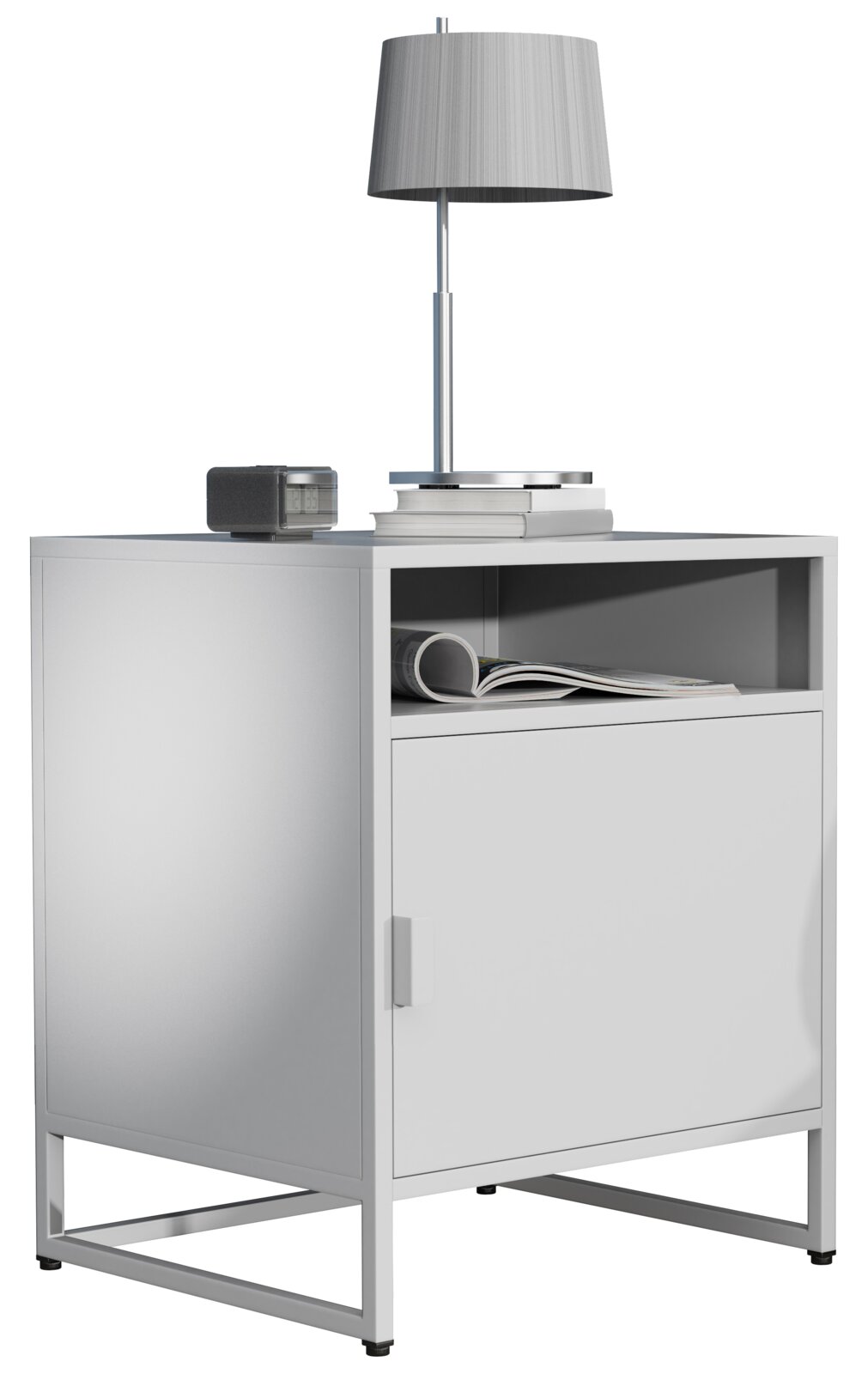 Weißer Nachttisch/Beistellschrank im modernen Design mit Metallgestell, offener Ablage und Türfach, darauf Lampe und Bücher, Ansicht schräg von vorne