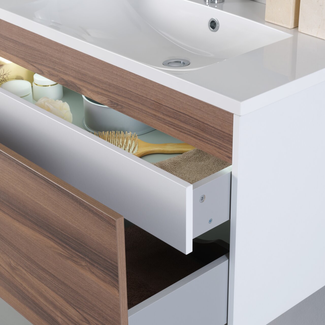 Moderner Waschplatz mit Holzoptik und geöffneten Schubladen, seitliche Perspektive