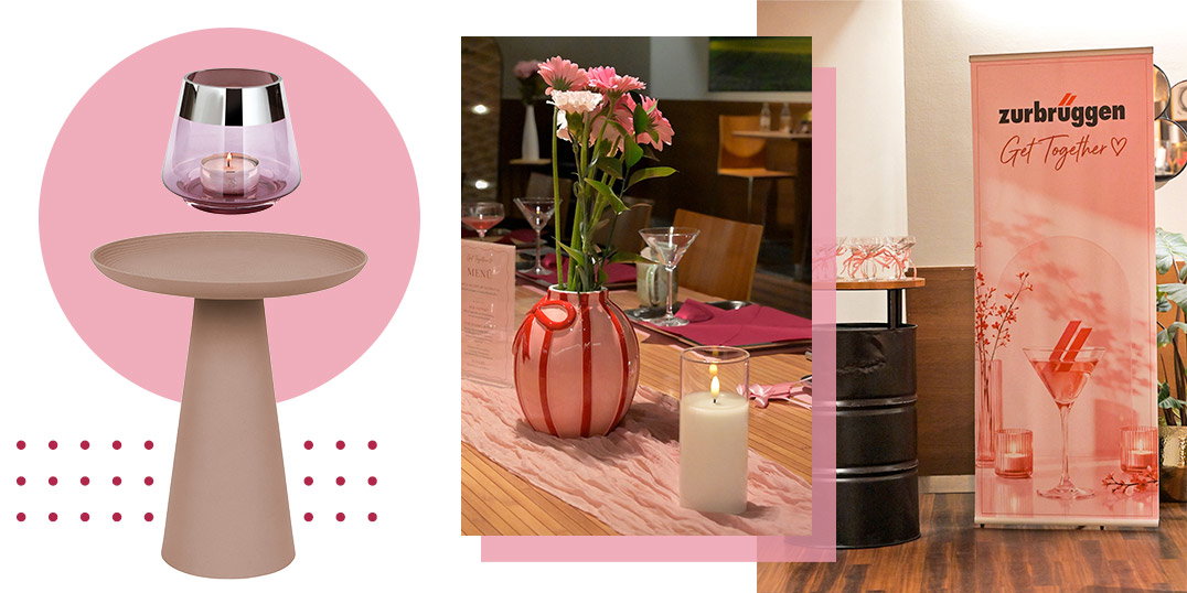 Get Together Wohninspiration in Rosa mit modernem Beistelltisch, Windlicht, gedeckter Tafel mit Blumen und Kerzen sowie dekorativem Event-Aufsteller.