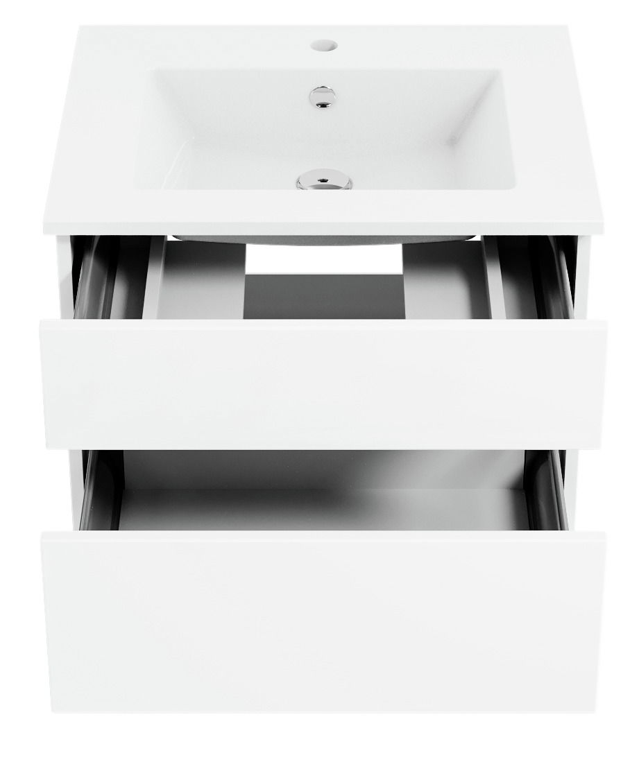 Weiße Badkombination mit zwei offenen Schubladen, Frontansicht