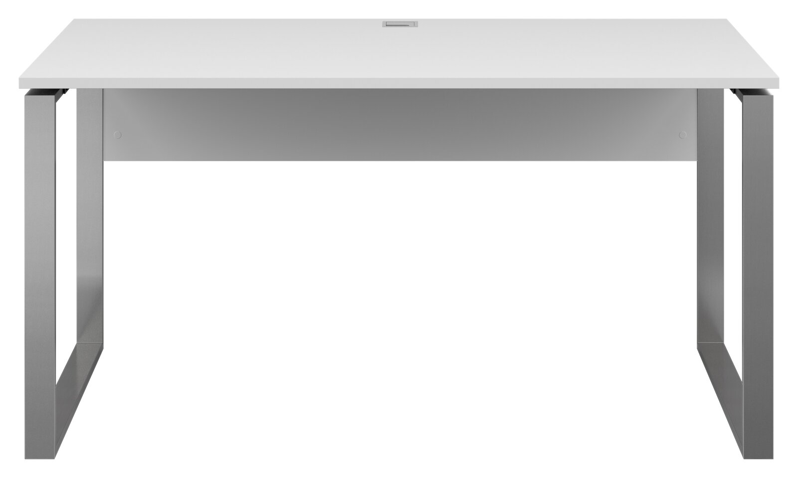 Moderner Schreibtisch mit weißer Tischplatte und grauen Metallbeinen, Frontalansicht