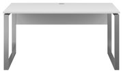 Modern bureau met wit tafelblad en grijze metalen poten, vooraanzicht
