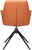 Rückansicht eines modernen Armlehnstuhls mit orangefarbenem Bezug und schwarzem Metallgestell.