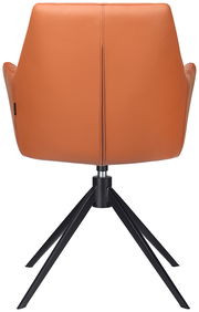 Rückansicht eines modernen Armlehnstuhls mit orangefarbenem Bezug und schwarzem Metallgestell.