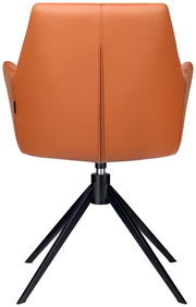 Rückansicht eines modernen Armlehnstuhls mit orangefarbenem Bezug und schwarzem Metallgestell.