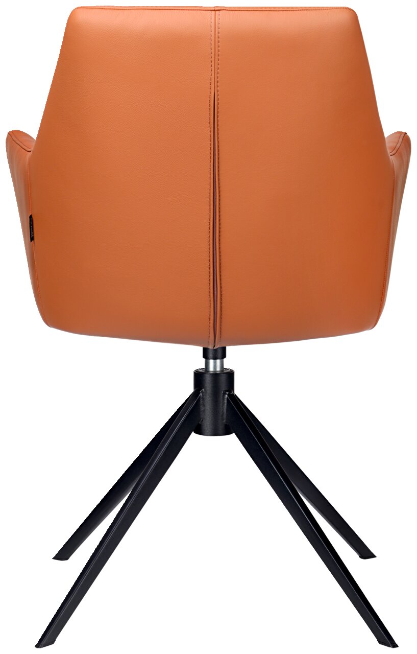 Achterkant van een moderne fauteuil met oranje bekleding en een zwart metalen frame.