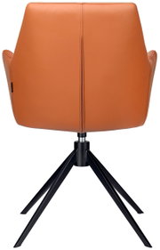 Achterkant van een moderne fauteuil met oranje bekleding en een zwart metalen frame.