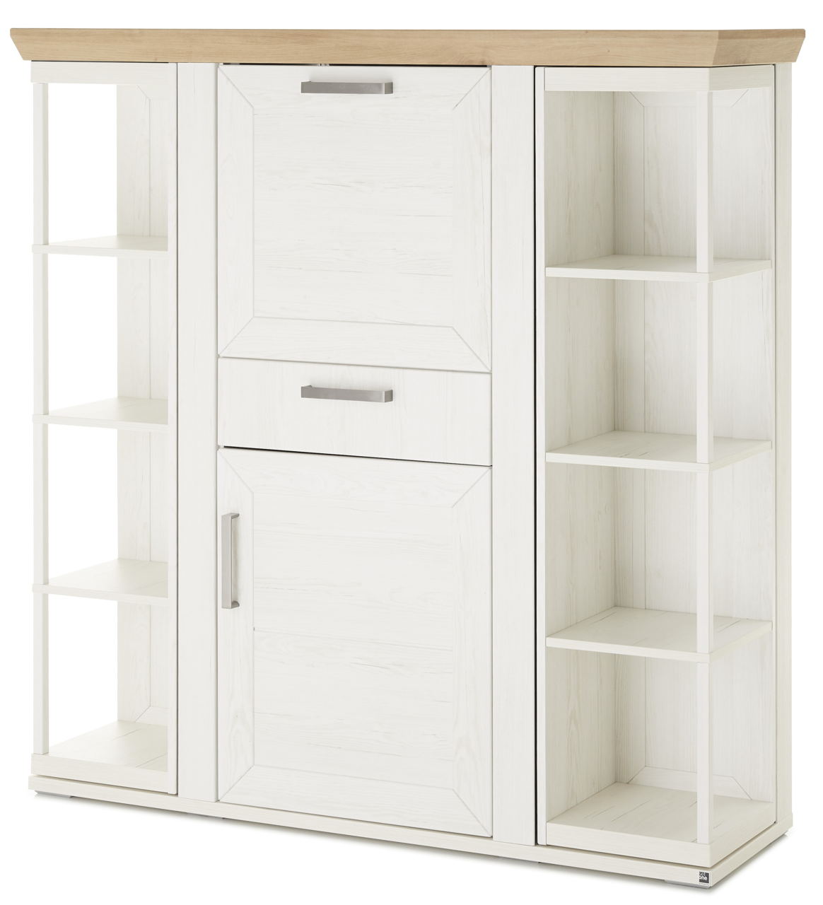 Weißes Highboard mit Karussell, Frontansicht, mit offenen Regalen und Holzoberfläche