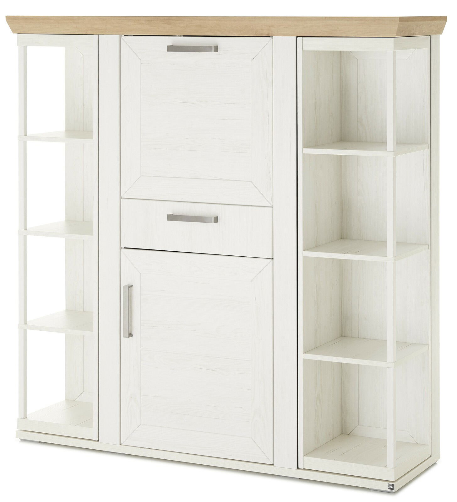 Weißes Highboard mit Karussell, Frontansicht, mit offenen Regalen und Holzoberfläche