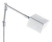 Silberne LED-Tischleuchte JOHANN mit modernem, eckigem Lampenschirm, seitliche Perspektive