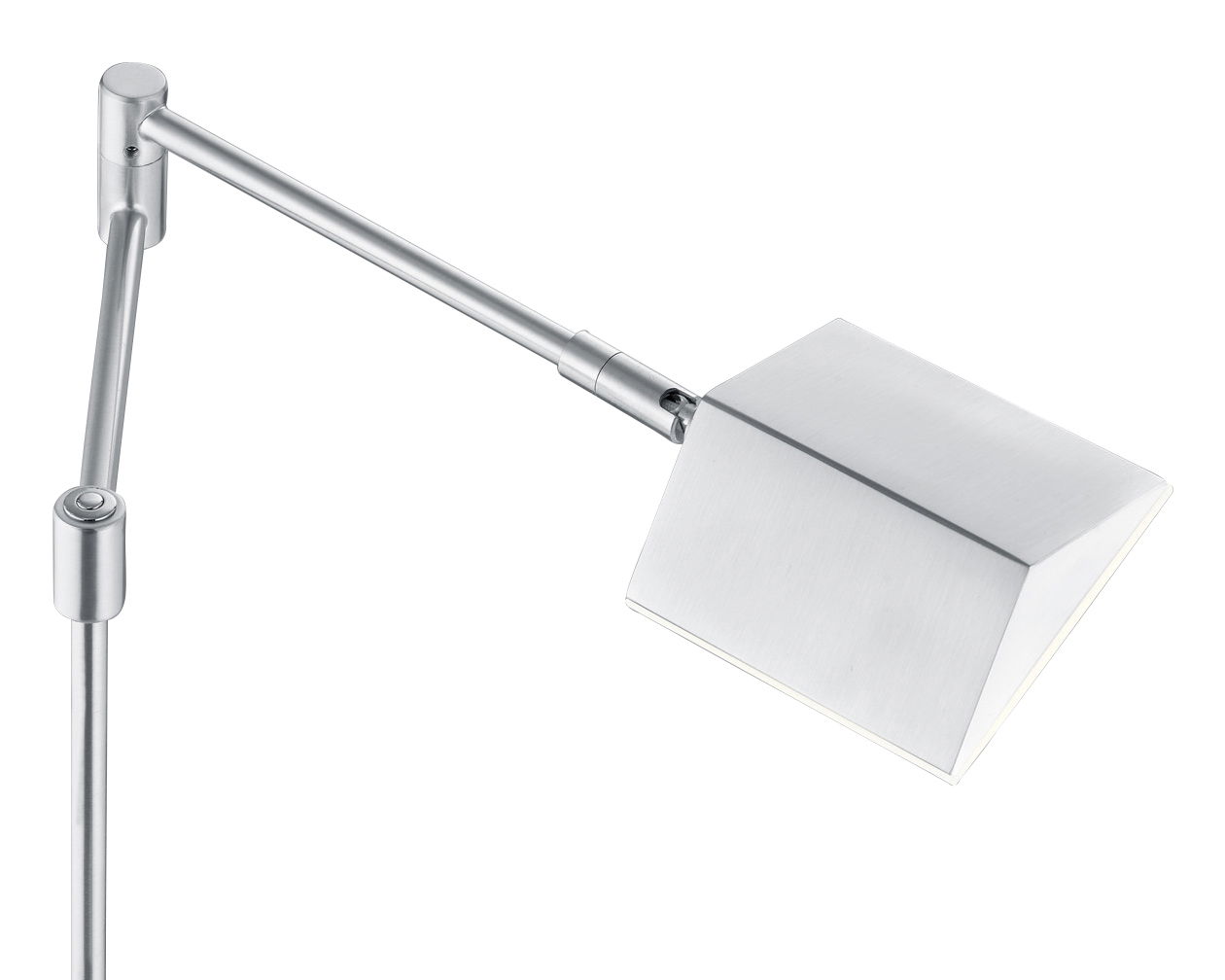 Silberne LED-Tischleuchte JOHANN mit modernem, eckigem Lampenschirm, seitliche Perspektive