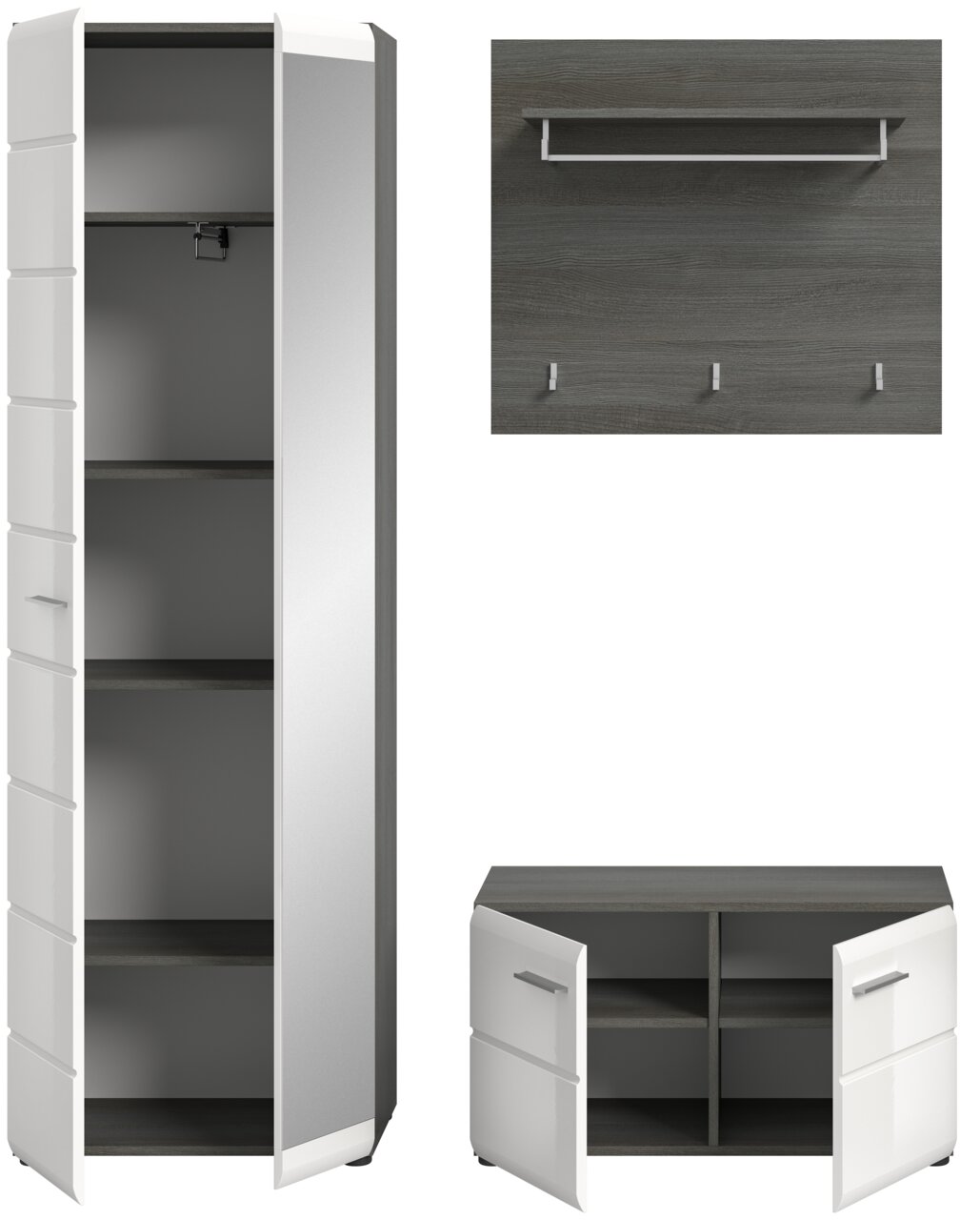 Garderobenkombination bestehend aus einem hohen Schrank mit offenen Türen, einem Wandpaneel mit Haken und Ablage, sowie einem niedrigen Schrank mit offenen Türen, Perspektive von vorne.