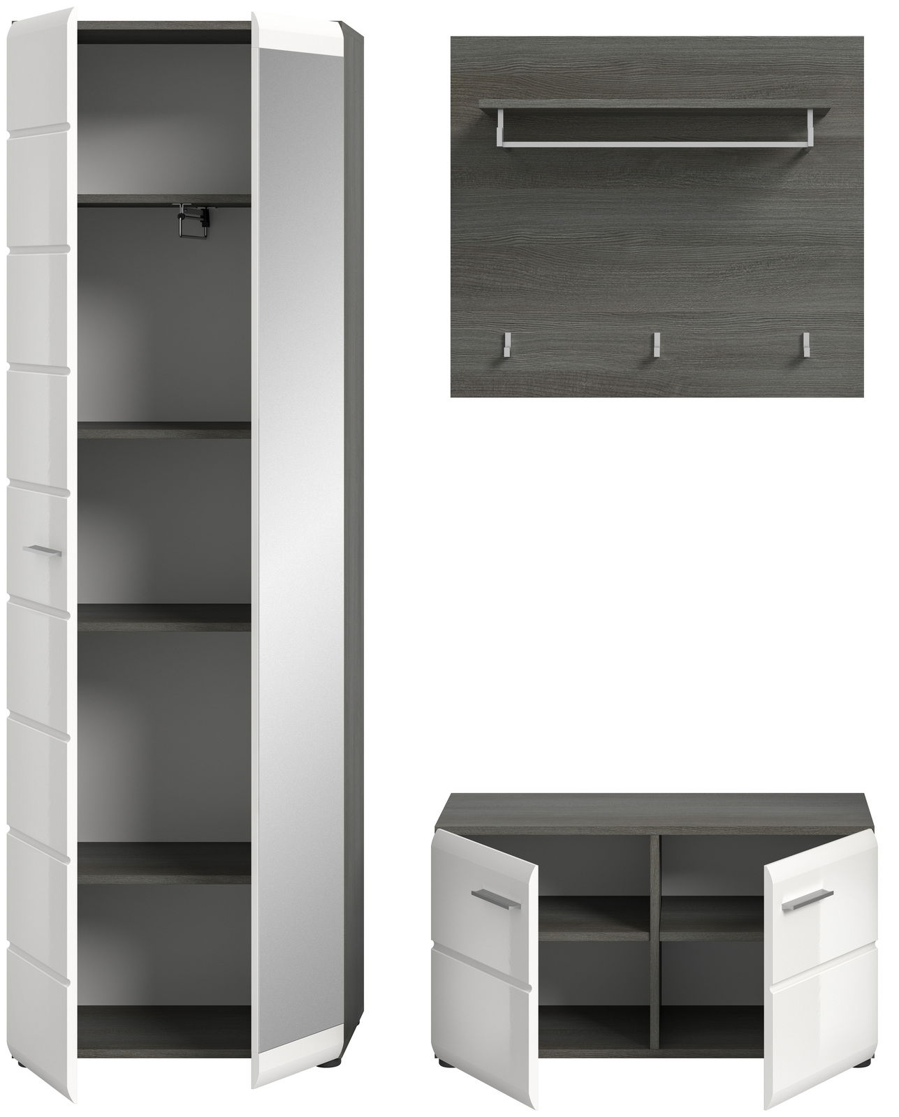 Garderobenkombination bestehend aus einem hohen Schrank mit offenen Türen, einem Wandpaneel mit Haken und Ablage, sowie einem niedrigen Schrank mit offenen Türen, Perspektive von vorne.
