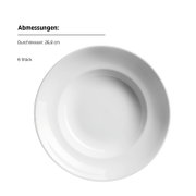 Weißer, runder Speiseteller mit breitem Rand (Durchmesser 26,8 cm), Draufsicht von oben auf weißem Hintergrund; Set mit 6 Stück
