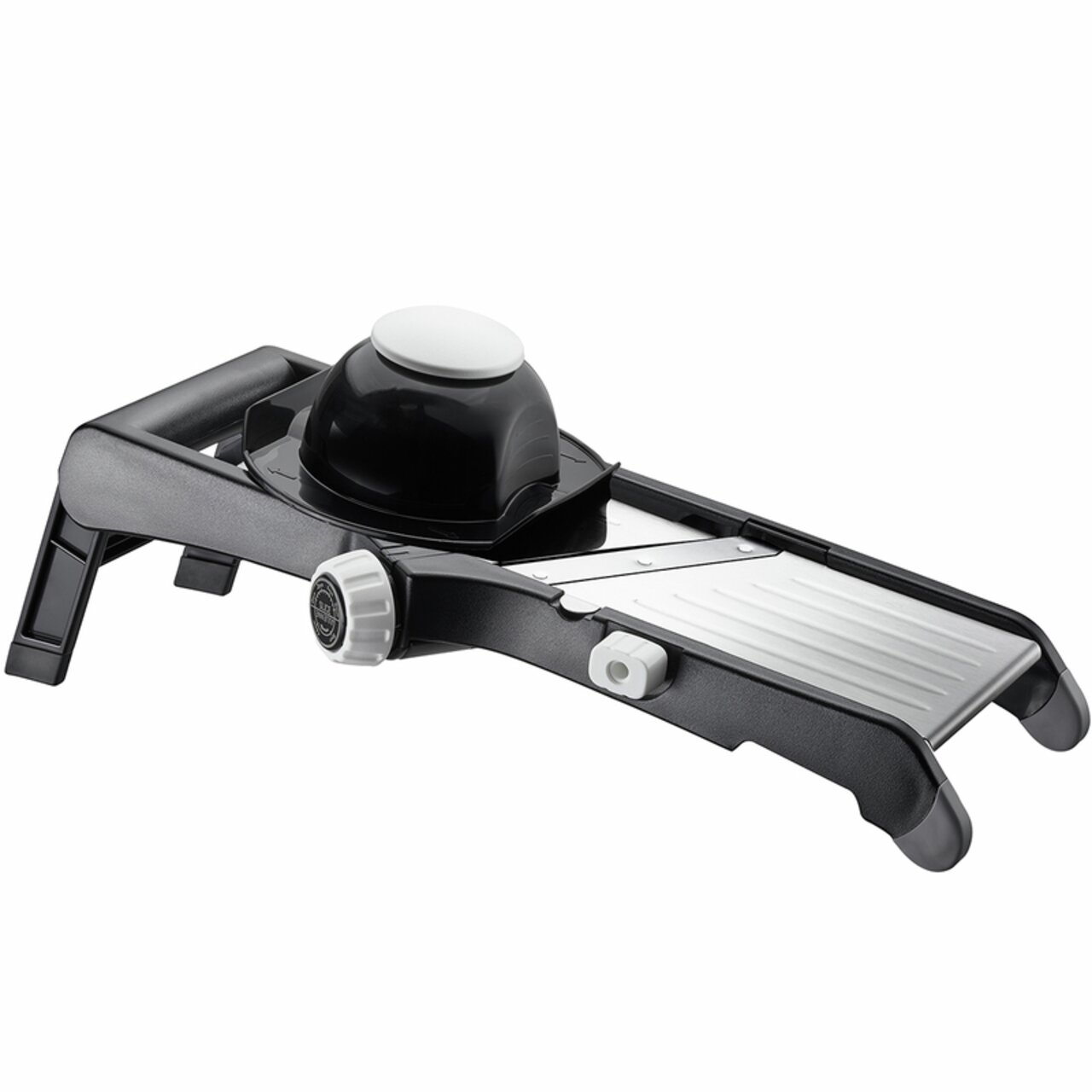 Gemüsehobel Laola in seitlicher Perspektive mit schwarzem und silbernem Design, verstellbarem Schneideblatt und Sicherheitsgriff.