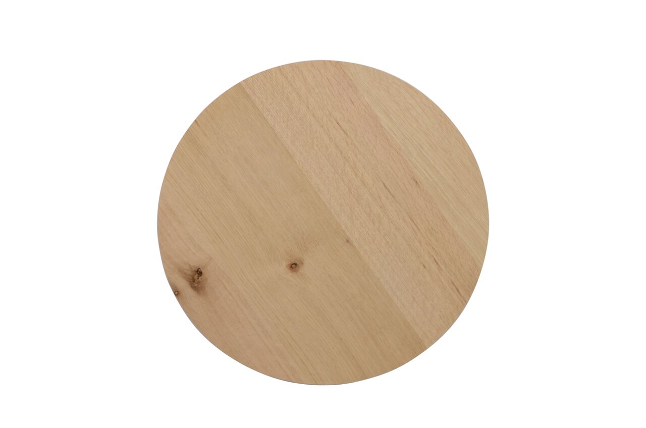 Runde Holzplatte eines Beistelltisches aus der Vogelperspektive