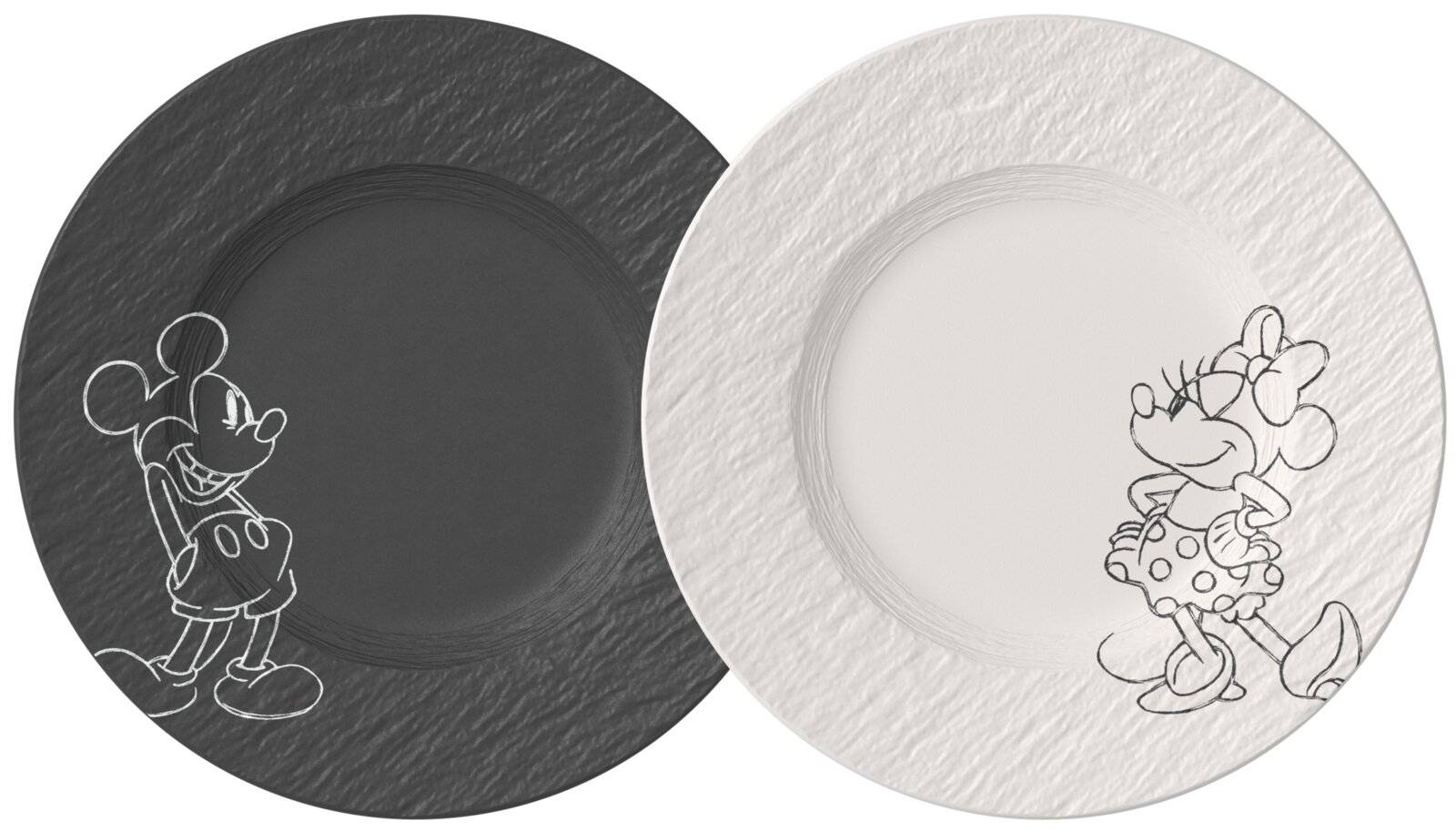 Villeroy & Boch Frühstücks-/Dessertteller 2-tlg. MICKEY MOUSE Zwei runde Teller/Platten im Set, links schwarz mit geprägter Struktur und skizzierter Minnie-Maus-Figur, rechts weiß mit geprägter Struktur und skizzierter Minnie-Maus-Figur, Draufsicht von oben