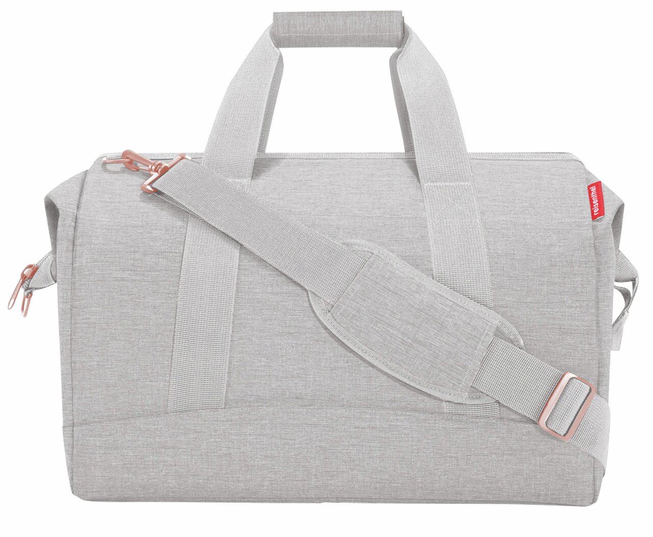 Graue Reisetasche mit verstellbarem Schultergurt und Tragegriffen, seitliche Perspektive