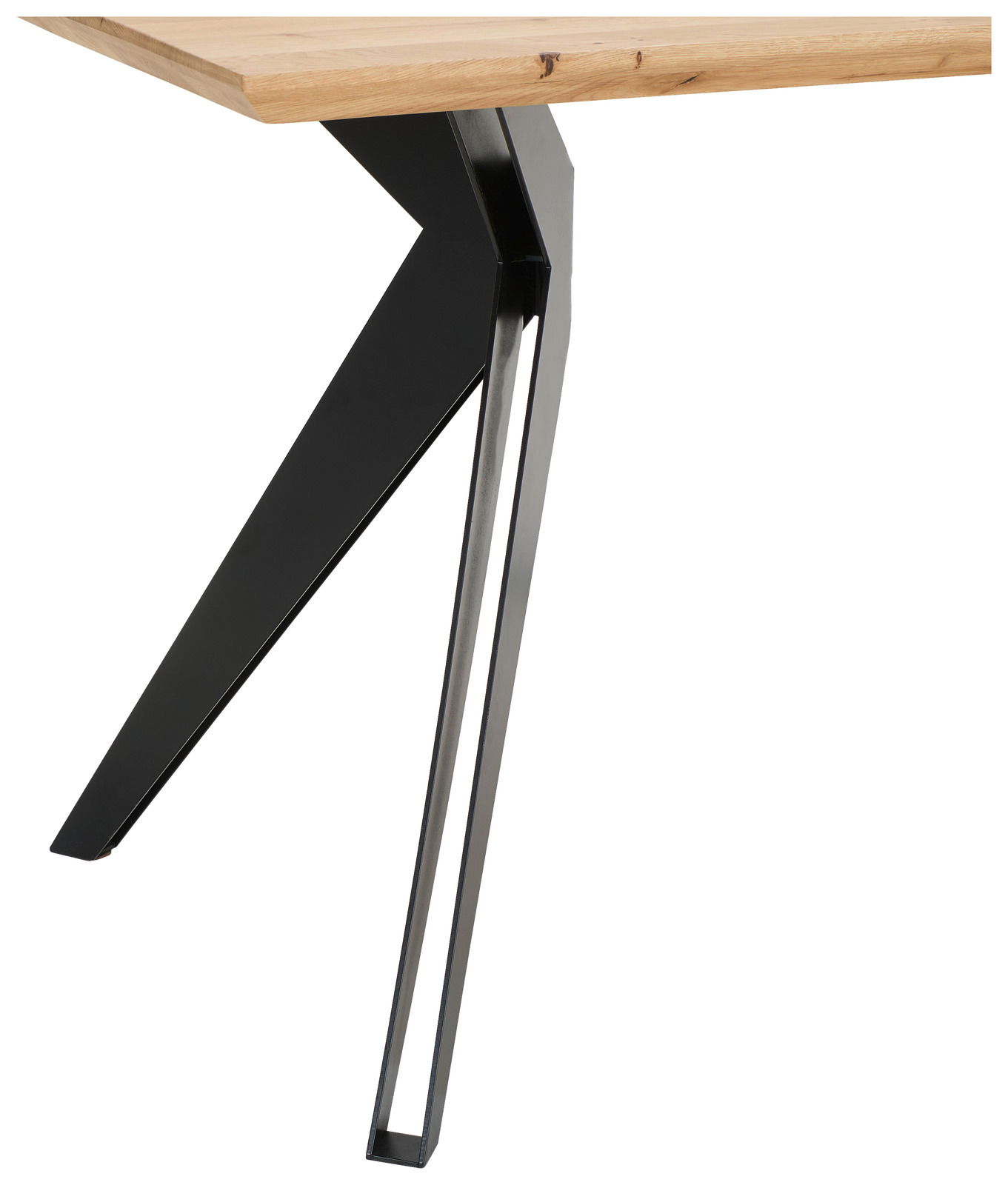 Moderner Schreibtisch mit schwarzem Metallgestell und Holzplatte, seitliche Perspektive