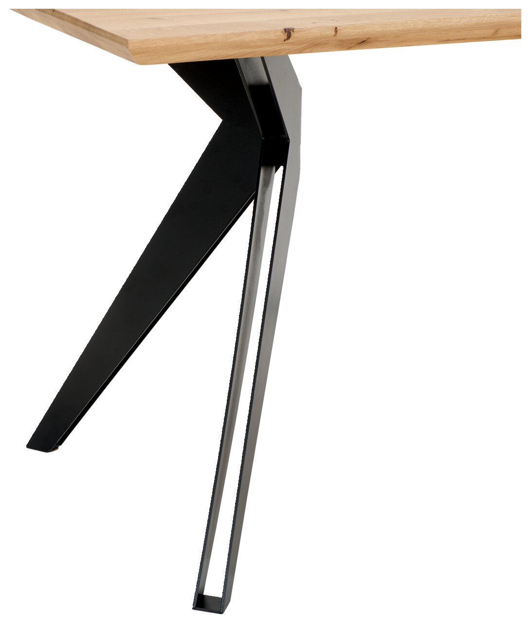 Moderner Schreibtisch mit schwarzem Metallgestell und Holzplatte, seitliche Perspektive