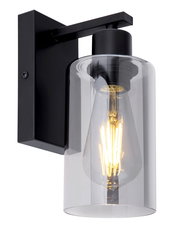 Moderne Wandleuchte mit schwarzem Metallrahmen und transparentem Glaszylinder, seitliche Perspektive