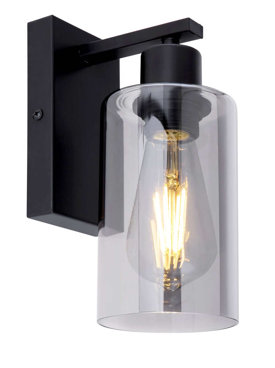 Moderne Wandleuchte mit schwarzem Metallrahmen und transparentem Glaszylinder, seitliche Perspektive