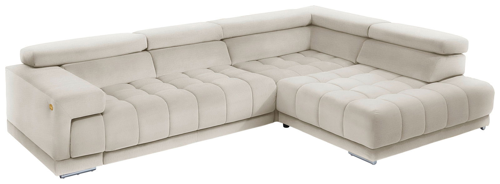 Ecksofa Beldomo Speed SPLIFF S in cremefarbener Polsterung, perspektivisch von vorne links fotografiert.