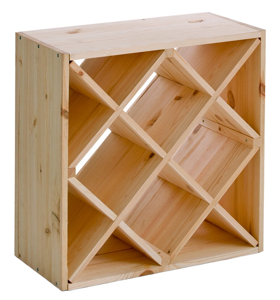 Weinregal aus Holz mit diagonalen Fächern, Perspektive von vorne links