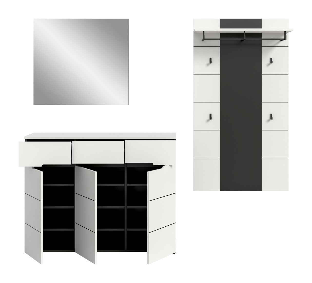 Modernes weiß-schwarzes Sideboard/Kommode mit drei geöffneten Türen und Einlegeböden, Draufsicht auf die Oberfläche sowie zusätzliche Ansicht von oben; Perspektive: Frontansicht und Draufsicht auf weißem Hintergrund.