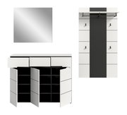 Modernes weiß-schwarzes Sideboard/Kommode mit drei geöffneten Türen und Einlegeböden, Draufsicht auf die Oberfläche sowie zusätzliche Ansicht von oben; Perspektive: Frontansicht und Draufsicht auf weißem Hintergrund.