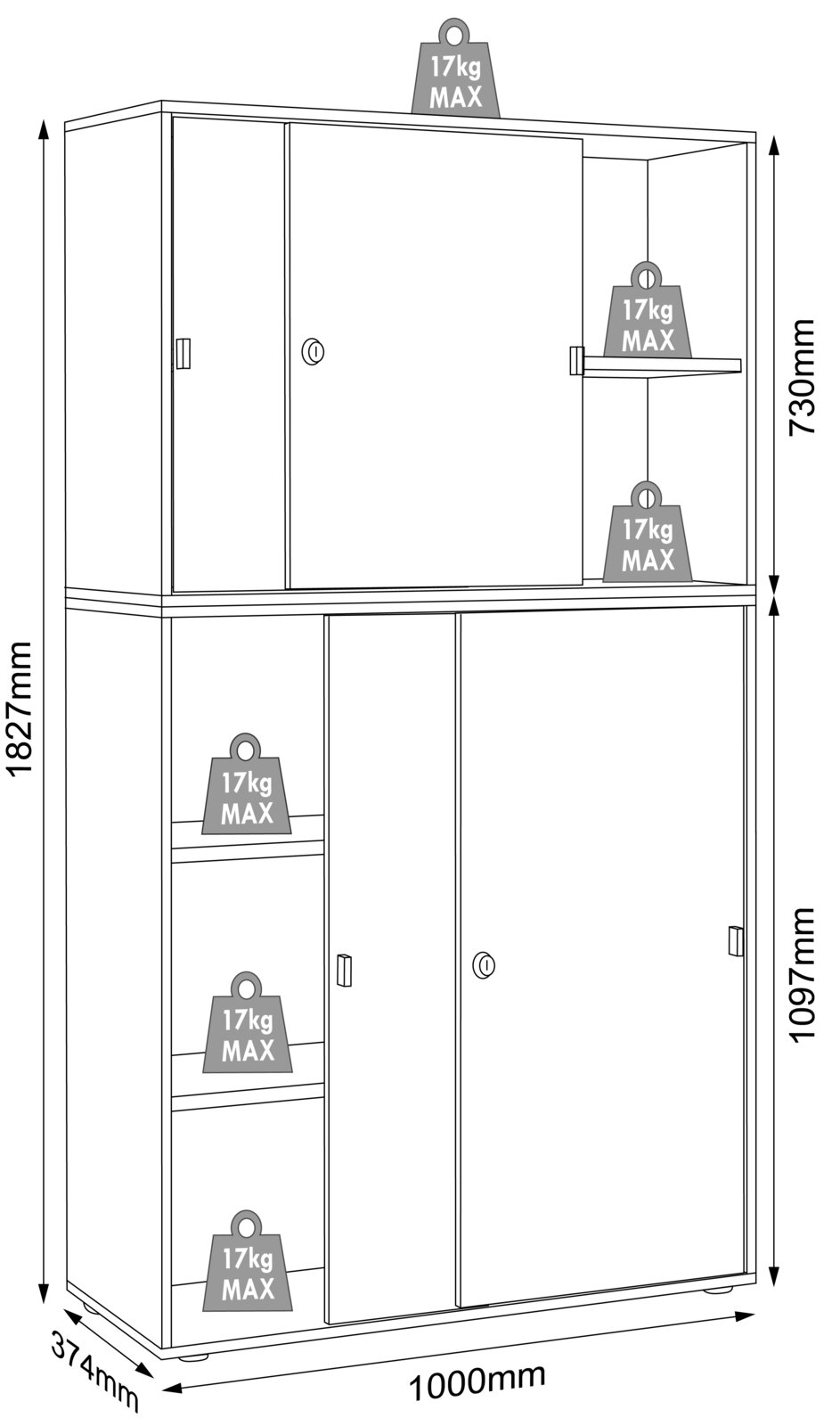 Technische Strichzeichnung eines zweitürigen Aufbewahrungsschranks mit Aufsatz, Frontansicht in leichter Perspektive von links; Maße ca. 1000 mm Breite, 1827 mm Höhe, 374 mm Tiefe, Aufsatzhöhe 730 mm und unterer Bereich 1097 mm; Fachböden mit max. 17 kg b