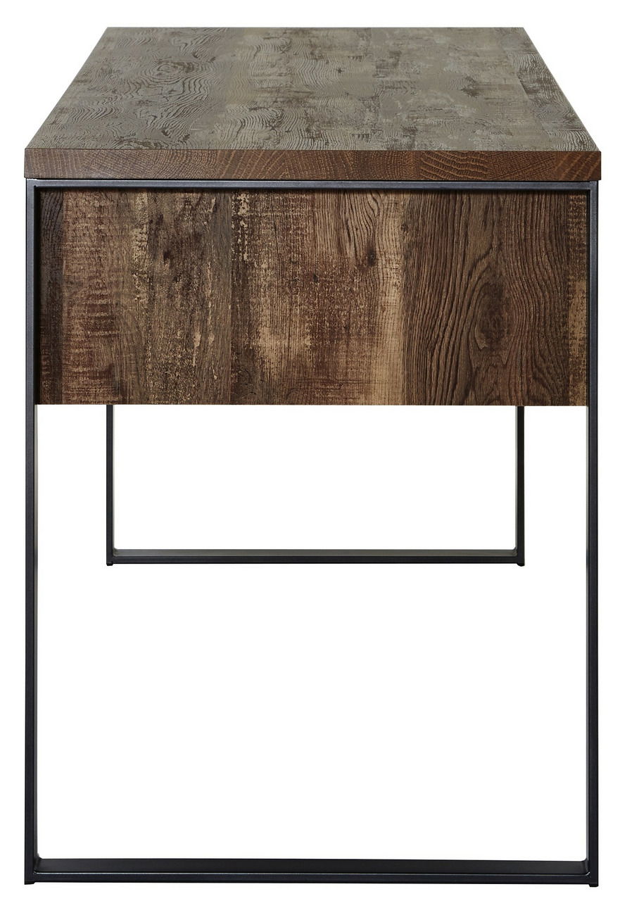 Moderner Schreibtisch aus Holz mit Metallrahmen, Frontalansicht