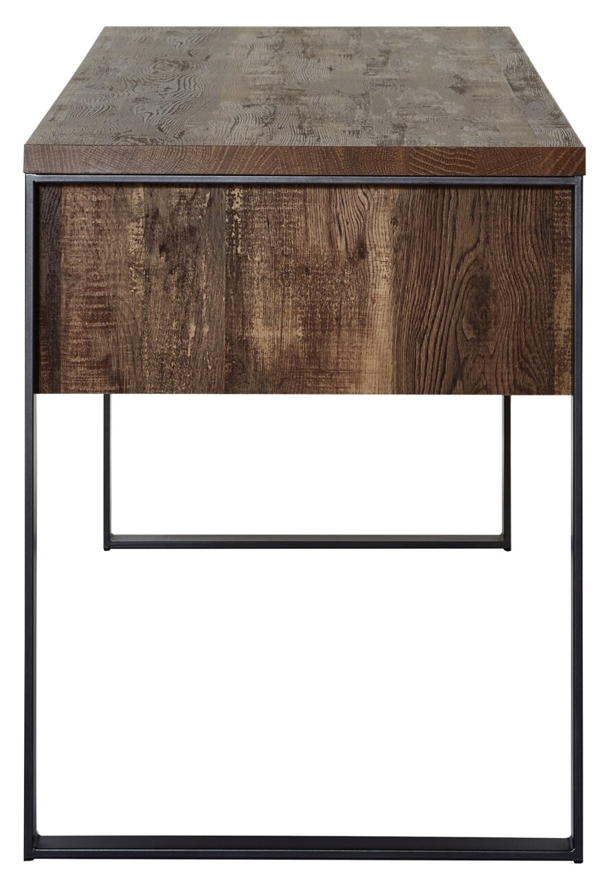 Moderner Schreibtisch aus Holz mit Metallrahmen, Frontalansicht