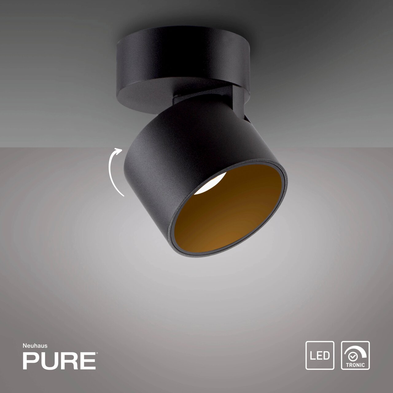 Schwarzer LED-Spot von Neuhaus PURE, Deckenmontage, seitliche Perspektive