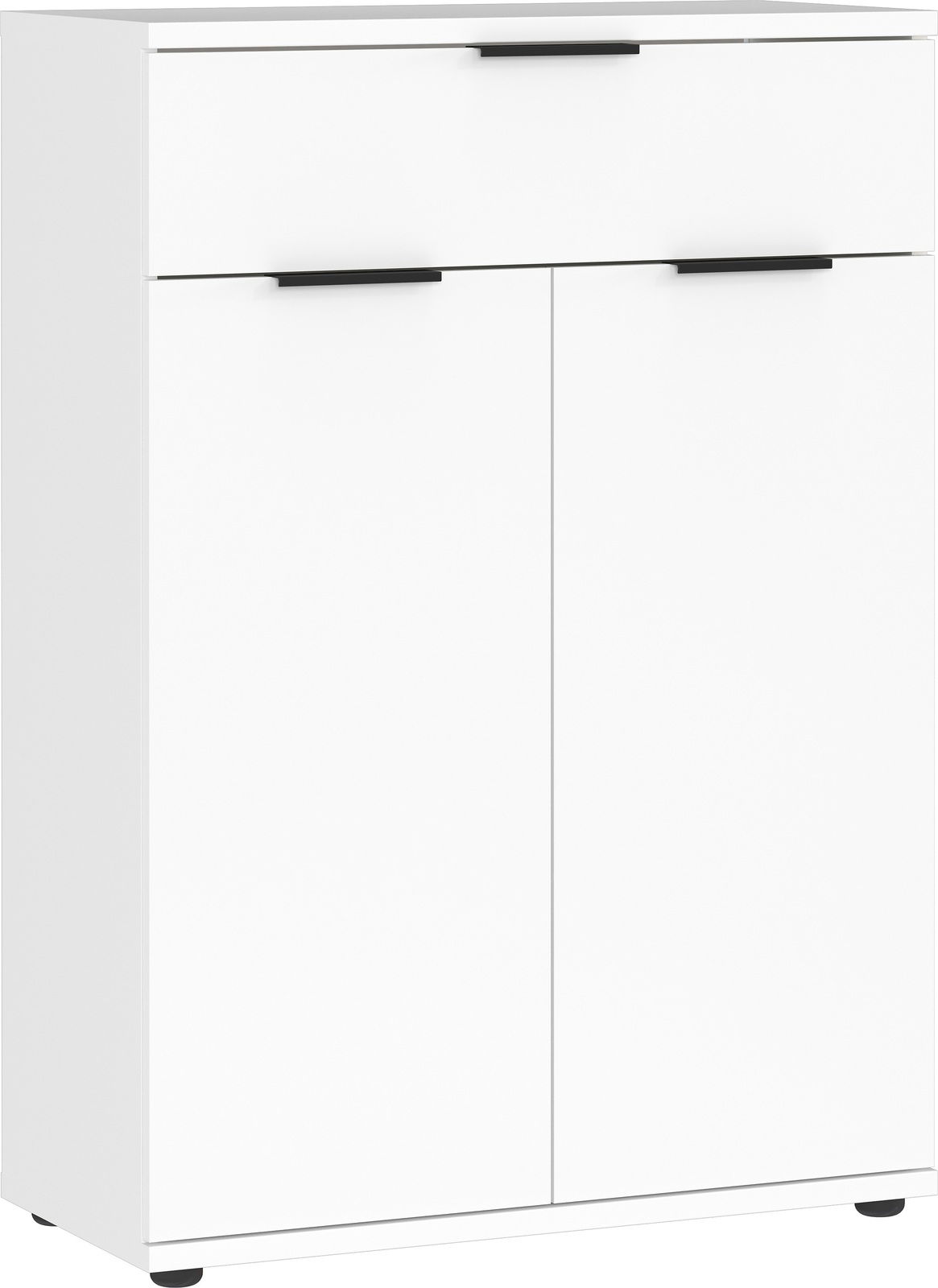 Weißer Schuhschrank mit zwei Türen und einer Schublade, frontale Ansicht