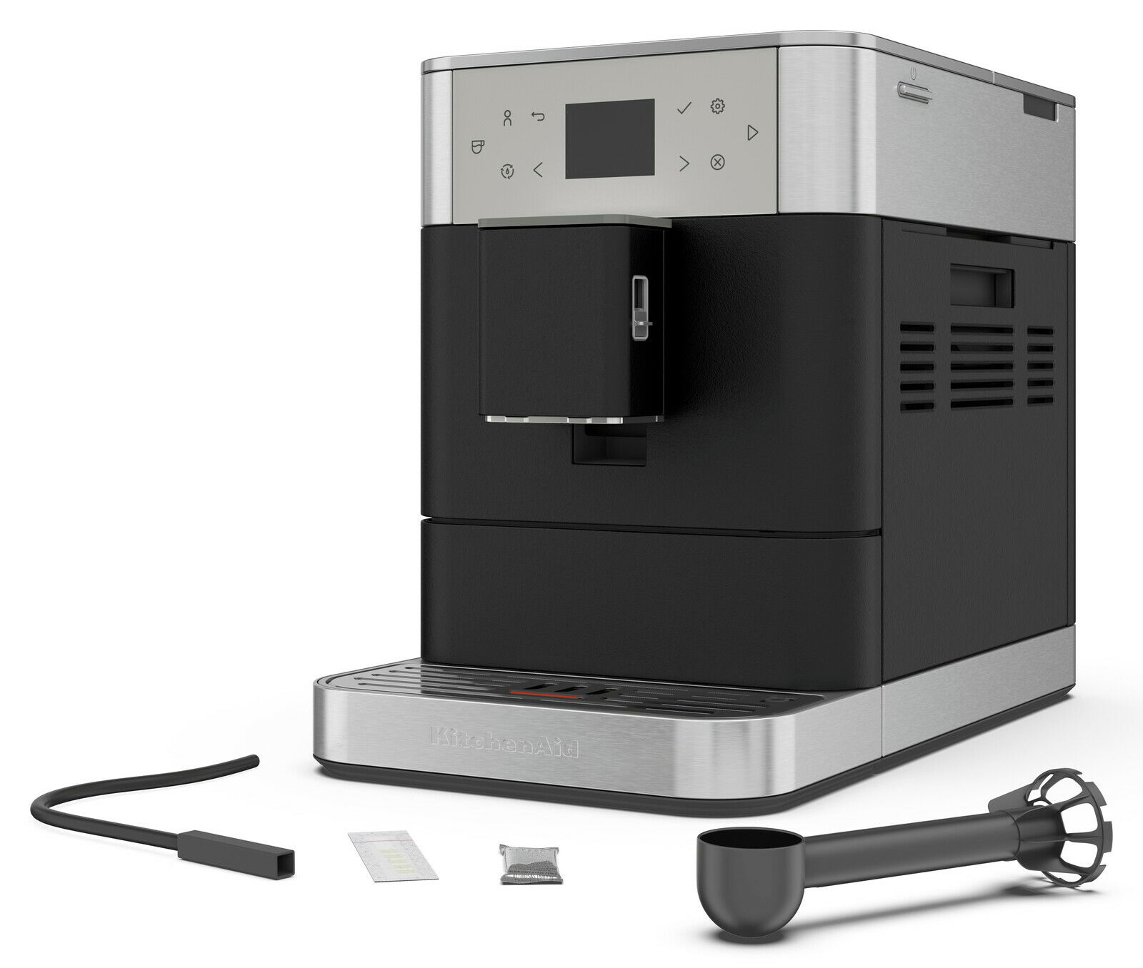 Kaffeevollautomat in seitlicher Perspektive mit Zubehör, darunter ein Schlauch, ein Messlöffel und ein Reinigungspaket.