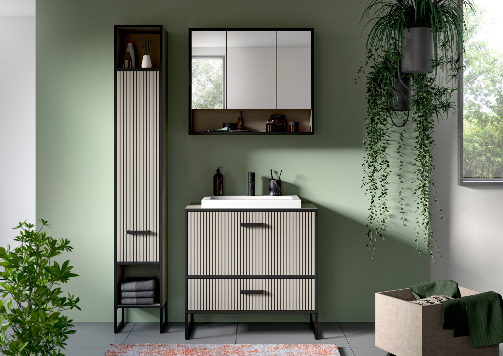 MID.YOU Badkombination BAGNO Moderne Badkombination mit vertikalen Streifen, bestehend aus einem hohen Schrank, einem Waschbeckenunterschrank und einem Spiegelschrank, aus der Frontalperspektive fotografiert.