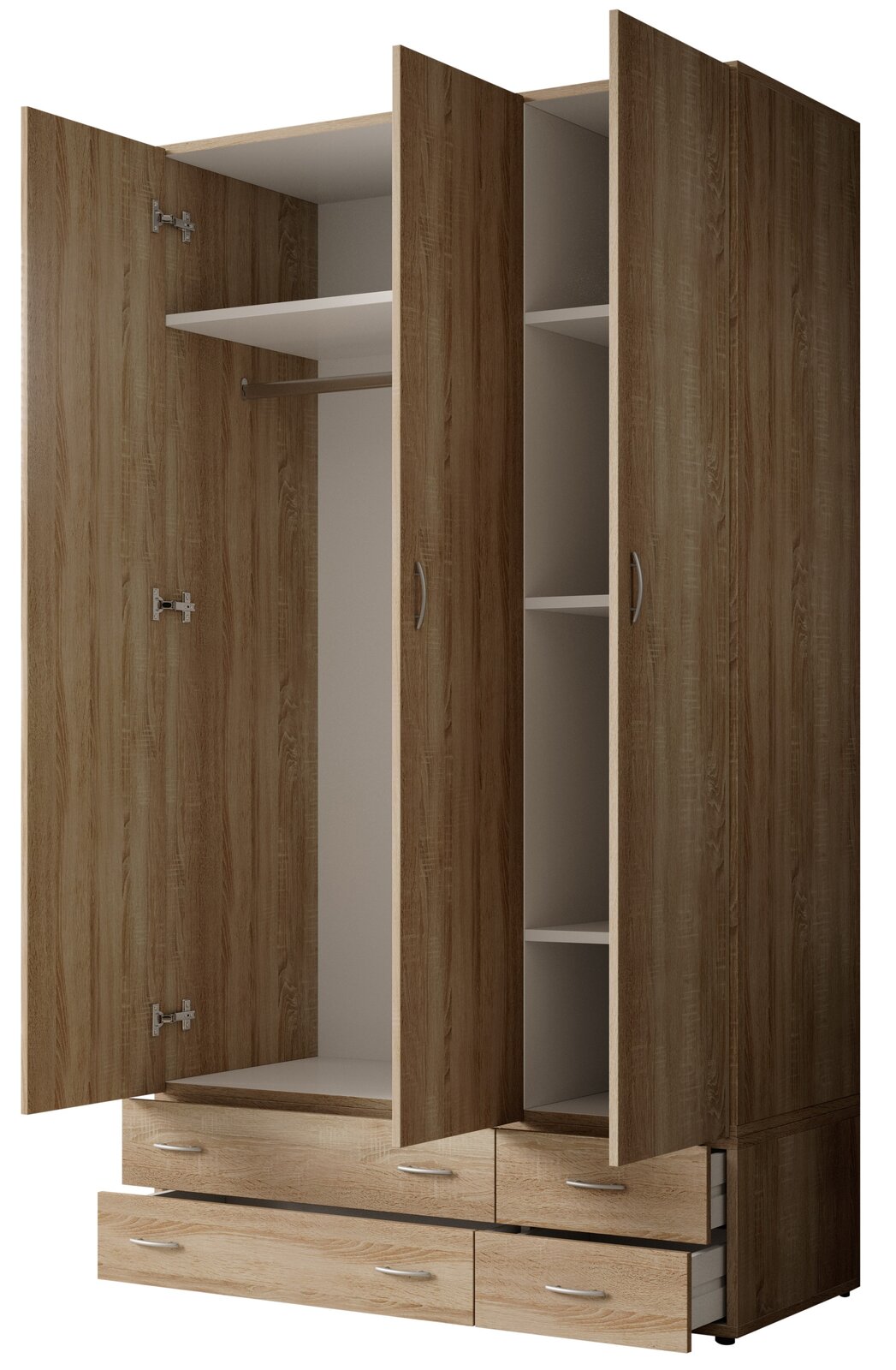 Drehtürenschrank 3-türig in Holzoptik mit geöffneter Perspektive, zeigt Innenfächer und Schubladen
