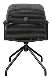 Moderner Drehstuhl in Dunkelgrau mit geflochtener Rückenlehne und gepolsterter Sitzfläche auf schwarzem Vierfuß-Metallgestell, Frontalansicht.