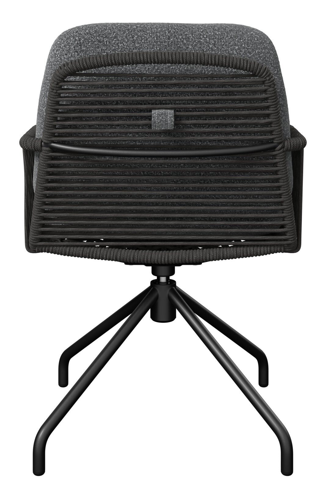 Moderner Drehstuhl in Dunkelgrau mit geflochtener Rückenlehne und gepolsterter Sitzfläche auf schwarzem Vierfuß-Metallgestell, Frontalansicht.