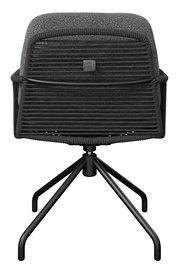 Moderner Drehstuhl in Dunkelgrau mit geflochtener Rückenlehne und gepolsterter Sitzfläche auf schwarzem Vierfuß-Metallgestell, Frontalansicht.