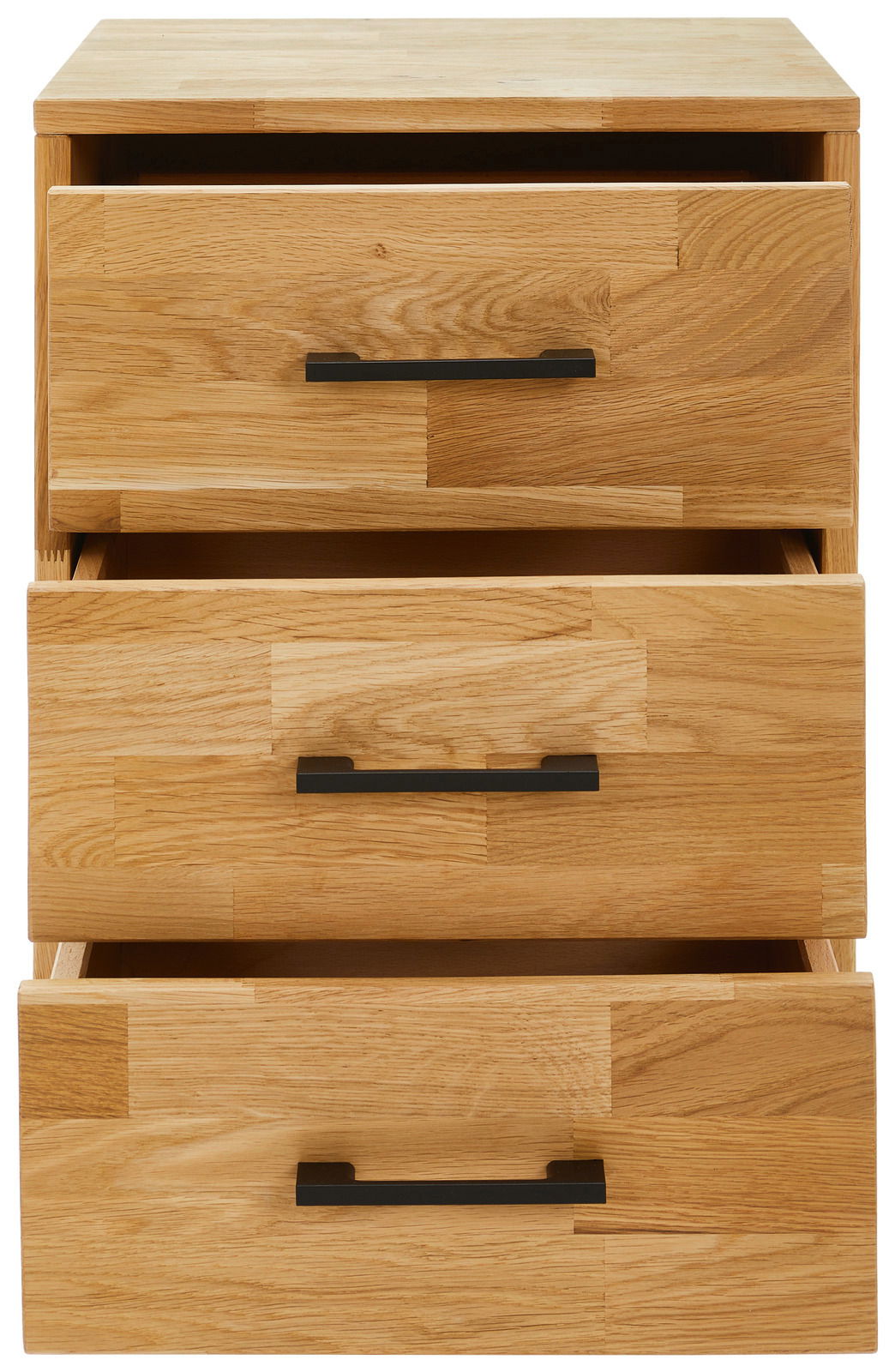 Rollcontainer aus Holz mit drei Schubladen, frontal betrachtet