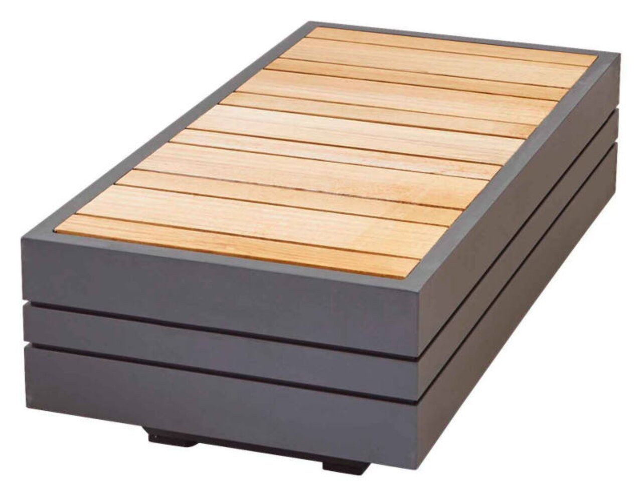 Zebra Kaffeetisch klein CUBO Rechteckiger Outdoor-Beistelltisch in Anthrazit mit Holz-Lamellenplatte, schräg von oben in 3/4-Perspektive auf weißem Hintergrund