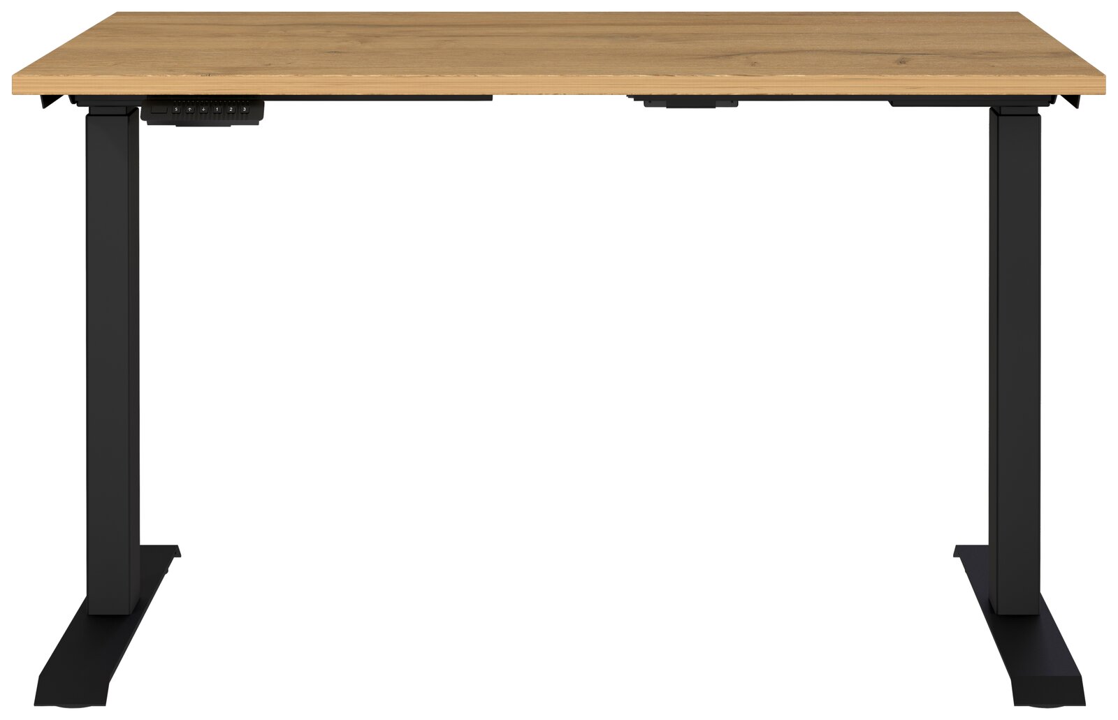 Elektrisch höhenverstellbarer Schreibtisch mit Holzplatte und schwarzen Metallbeinen, Frontalansicht